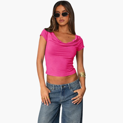 Women's Fitted Short Sleeve T-Shirt Waterfall Neckline