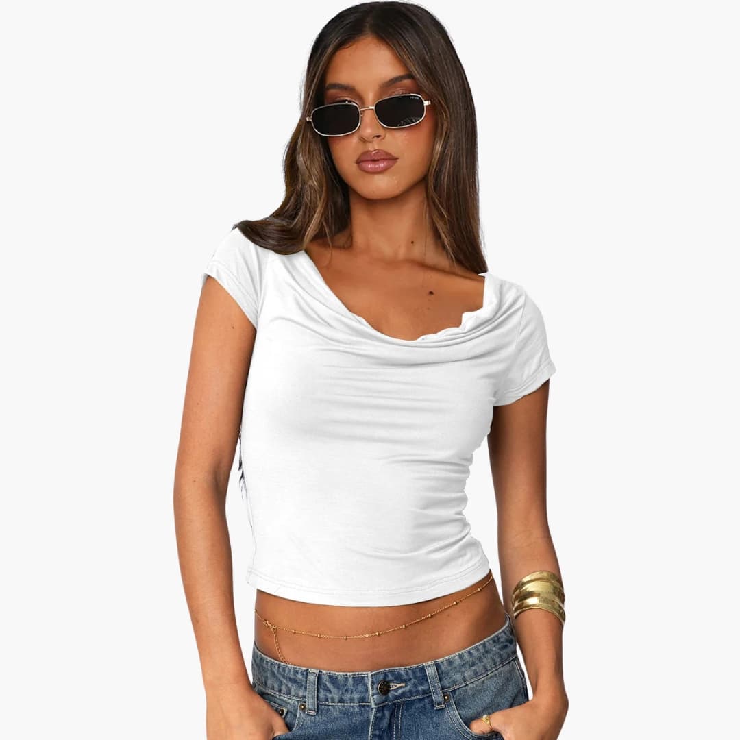 Women's Fitted Short Sleeve T-Shirt Waterfall Neckline
