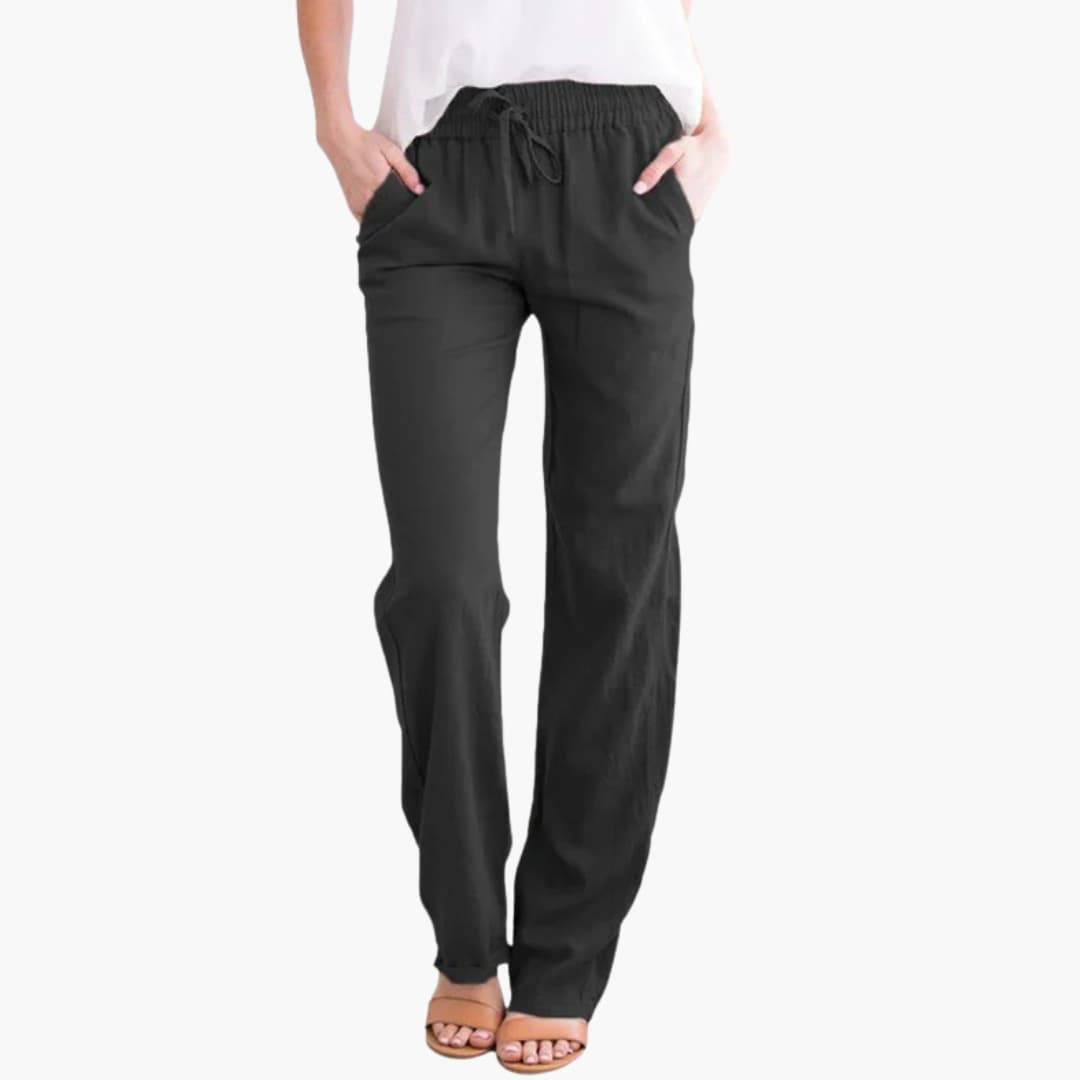 Women's Wide Leg Pants Elastic Waist Cotton Black - VibreMode