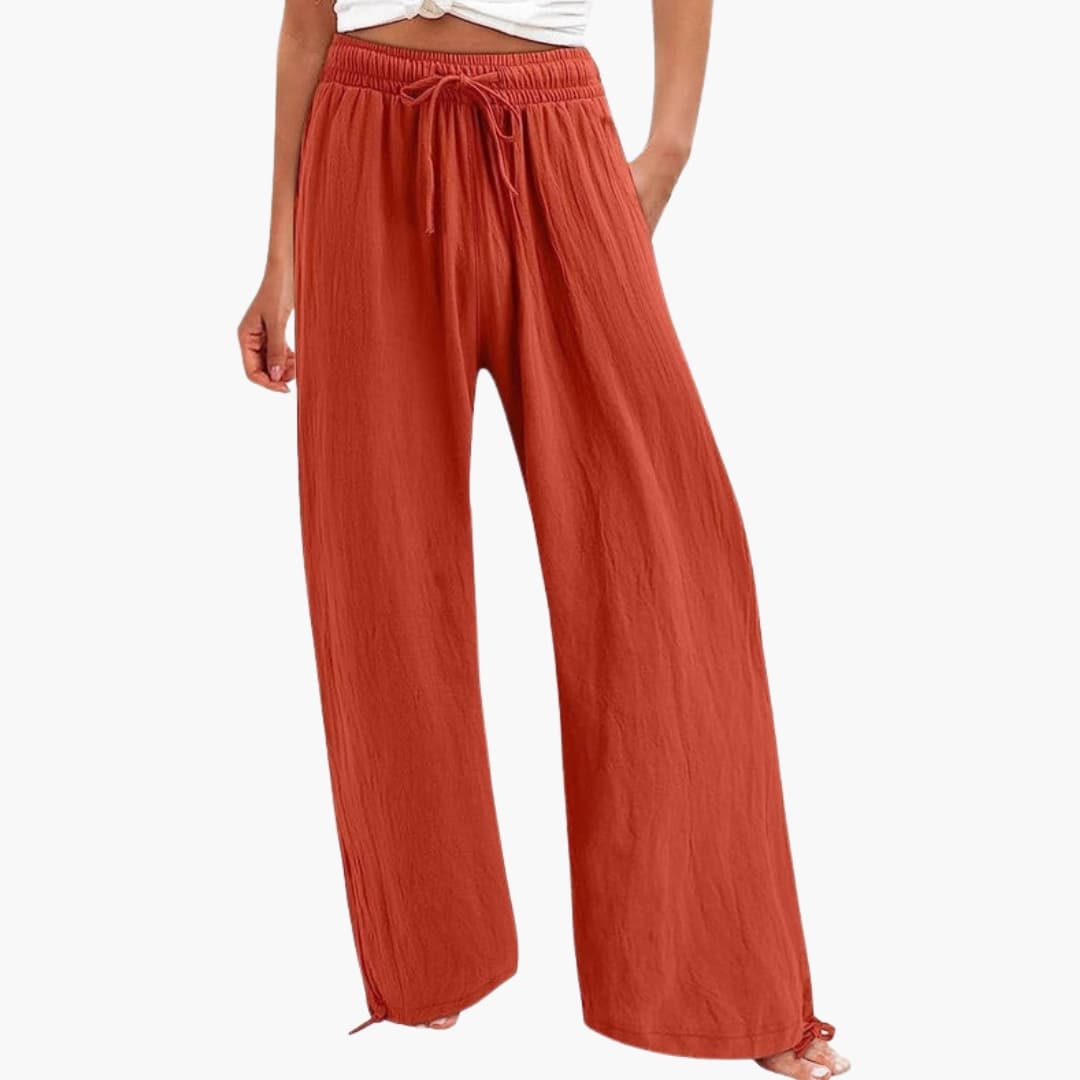 Women's Wide Leg Elastic Waist Pants with Tie Belt - VibreMode