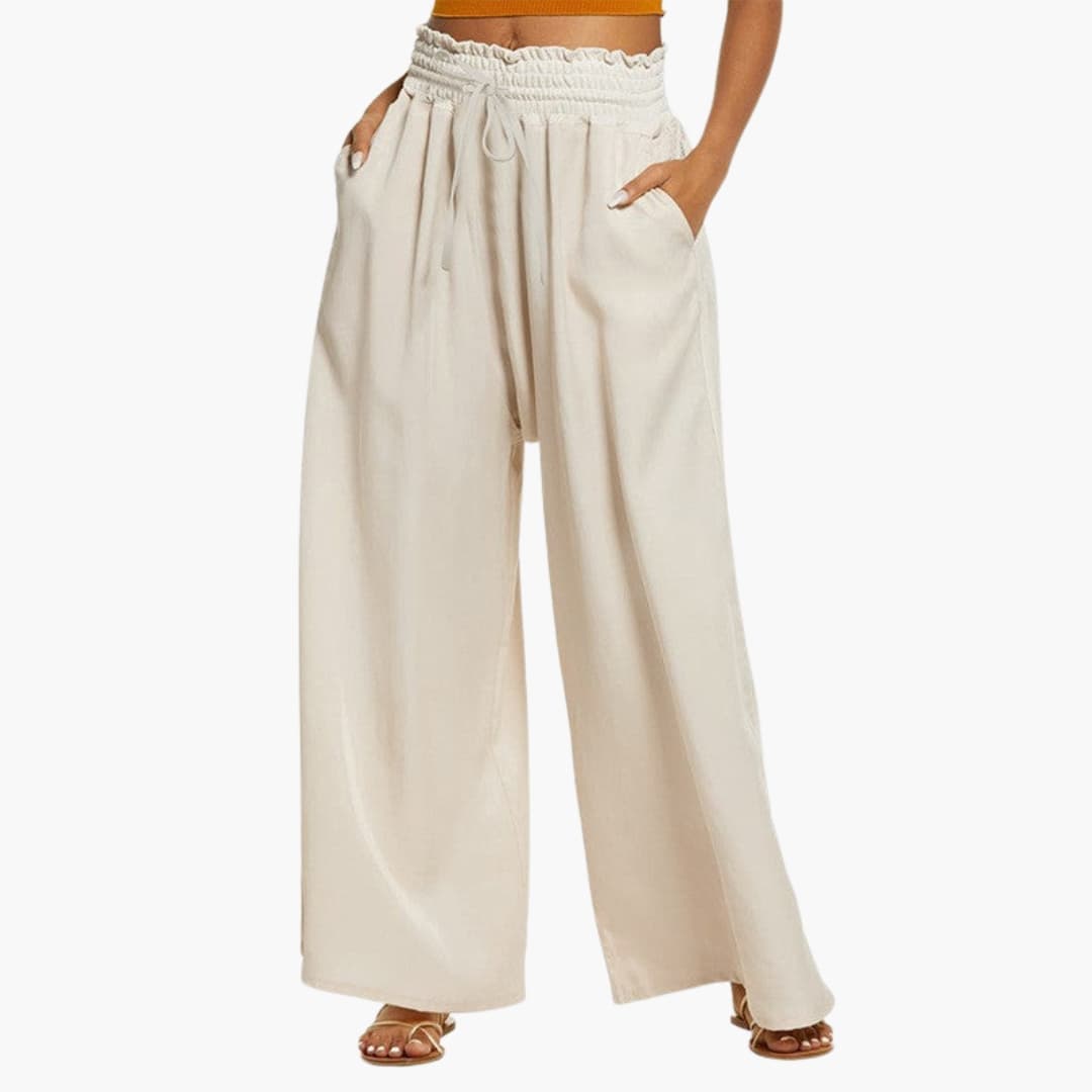 Women's Wide Leg Pants Ruffle Waist Side Pockets - VibreMode