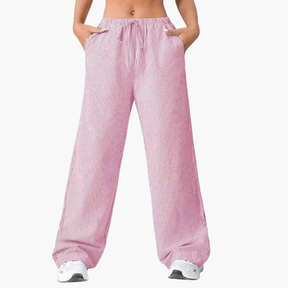 Women's Wide Leg Striped Pants with Side Pockets - VibreMode