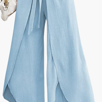 Women's Wide Leg Pants Cotton Tie Belt Beige