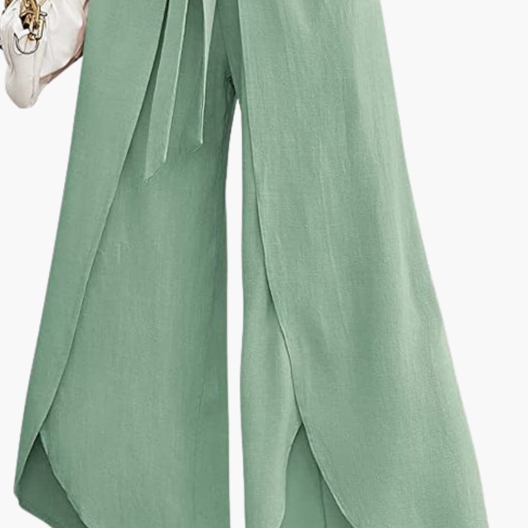 Women's Wide Leg Pants Cotton Tie Belt Beige