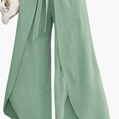 Women's Wide Leg Pants Cotton Tie Belt Beige