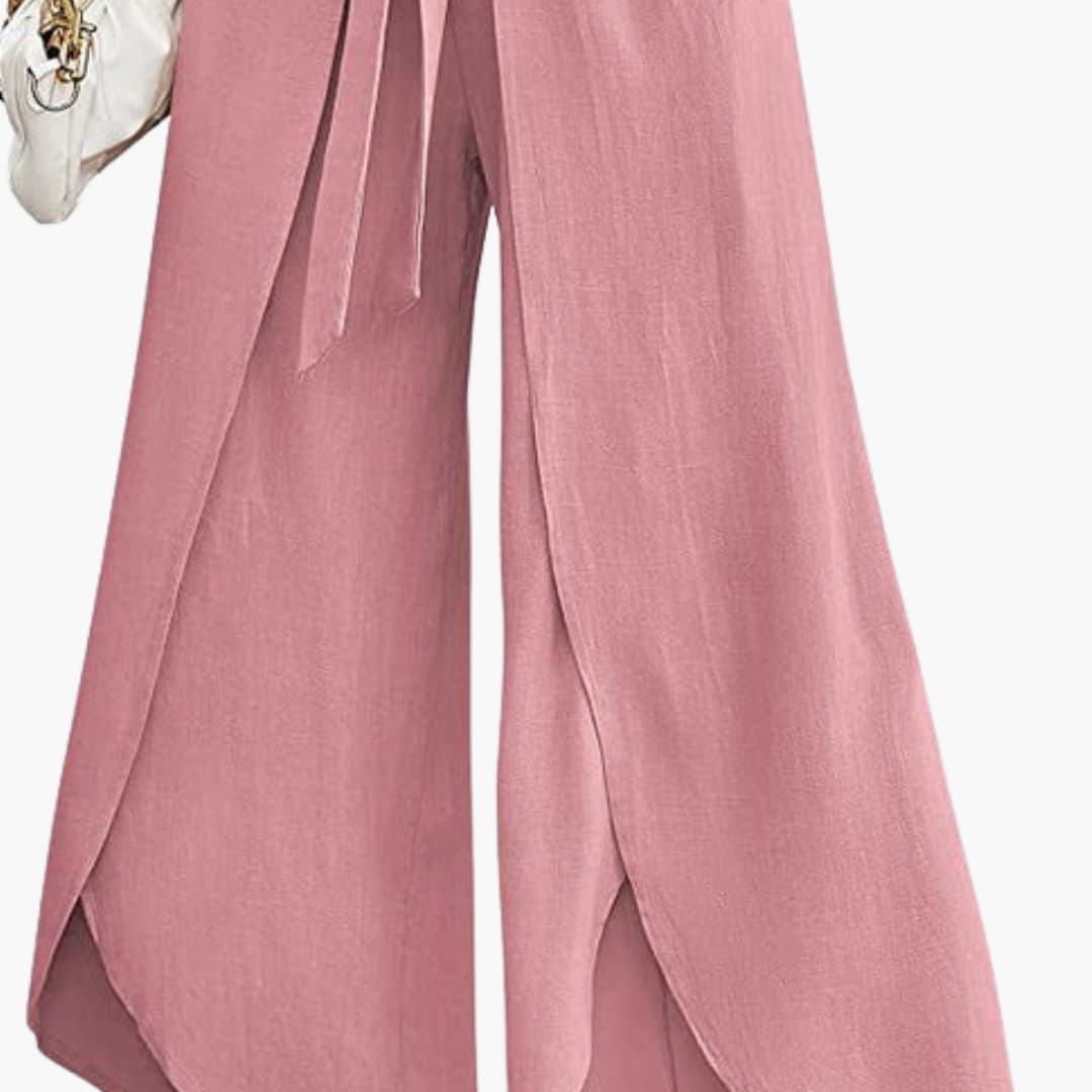 Women's Wide Leg Pants Cotton Tie Belt Beige