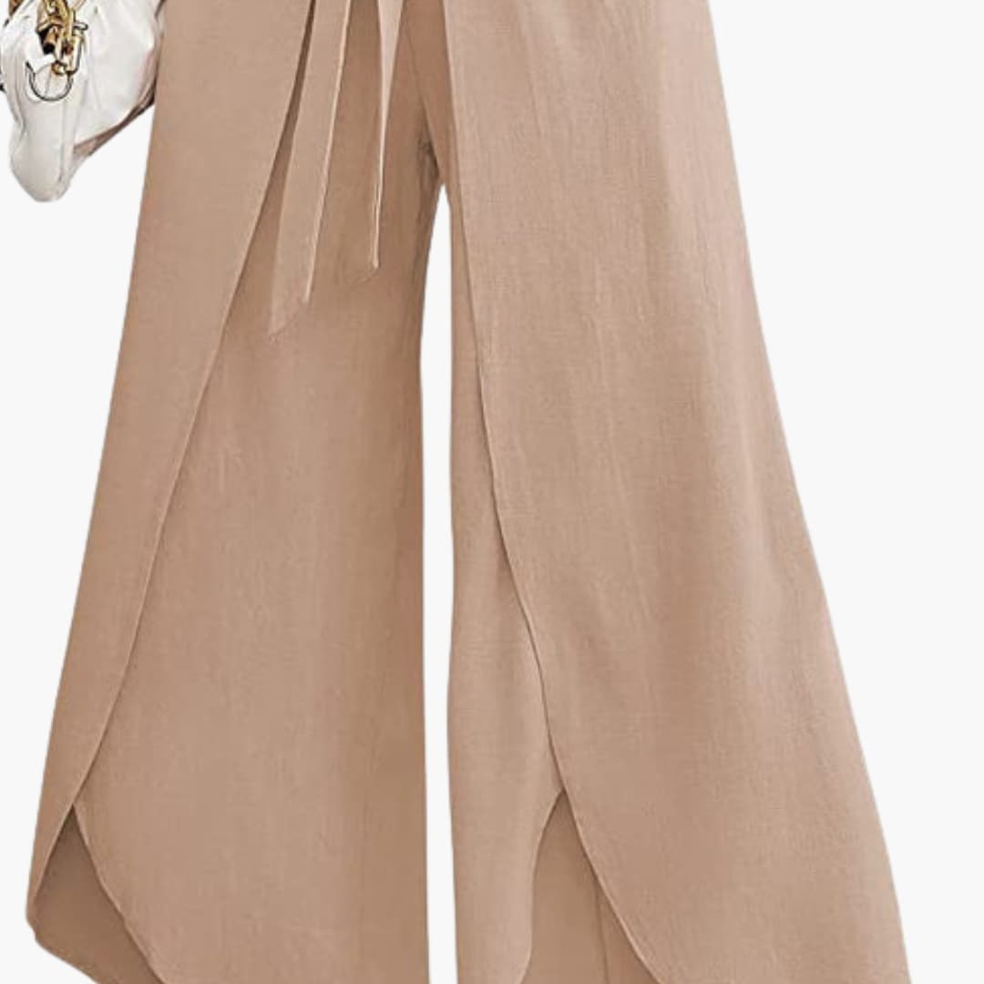 Women's Wide Leg Pants Cotton Tie Belt Beige