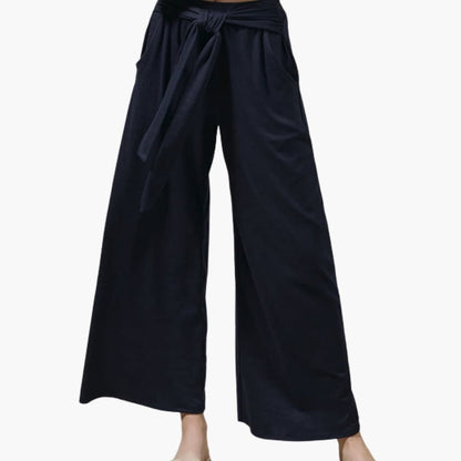 Women's Wide Leg Pants Cotton Tie Belt Side Pockets