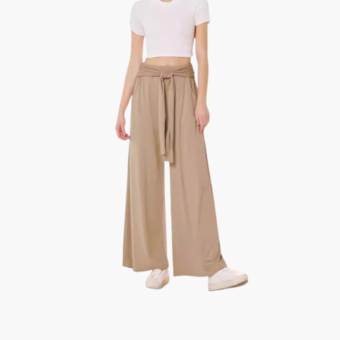 Women's Wide Leg Pants Cotton Tie Belt Side Pockets - VibreMode
