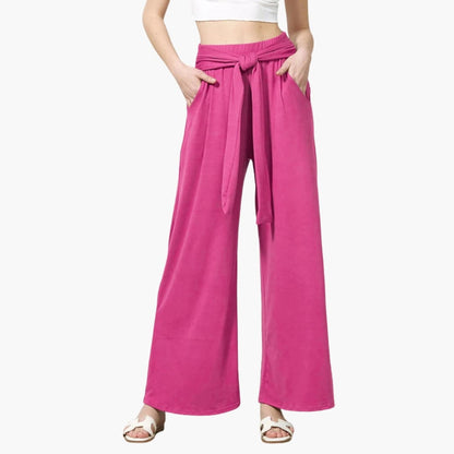 Women's Wide Leg Pants Cotton Tie Belt Side Pockets