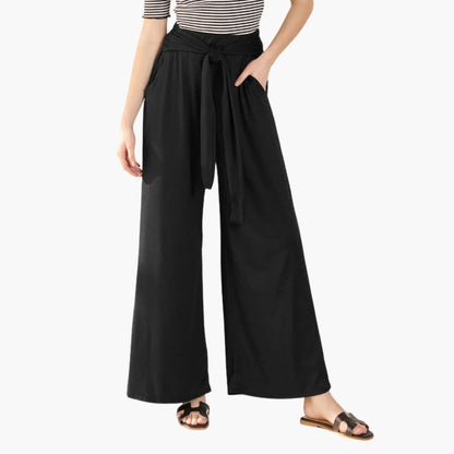 Women's Wide Leg Pants Cotton Tie Belt Side Pockets