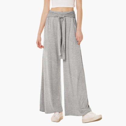 Women's Wide Leg Pants Cotton Tie Belt Side Pockets