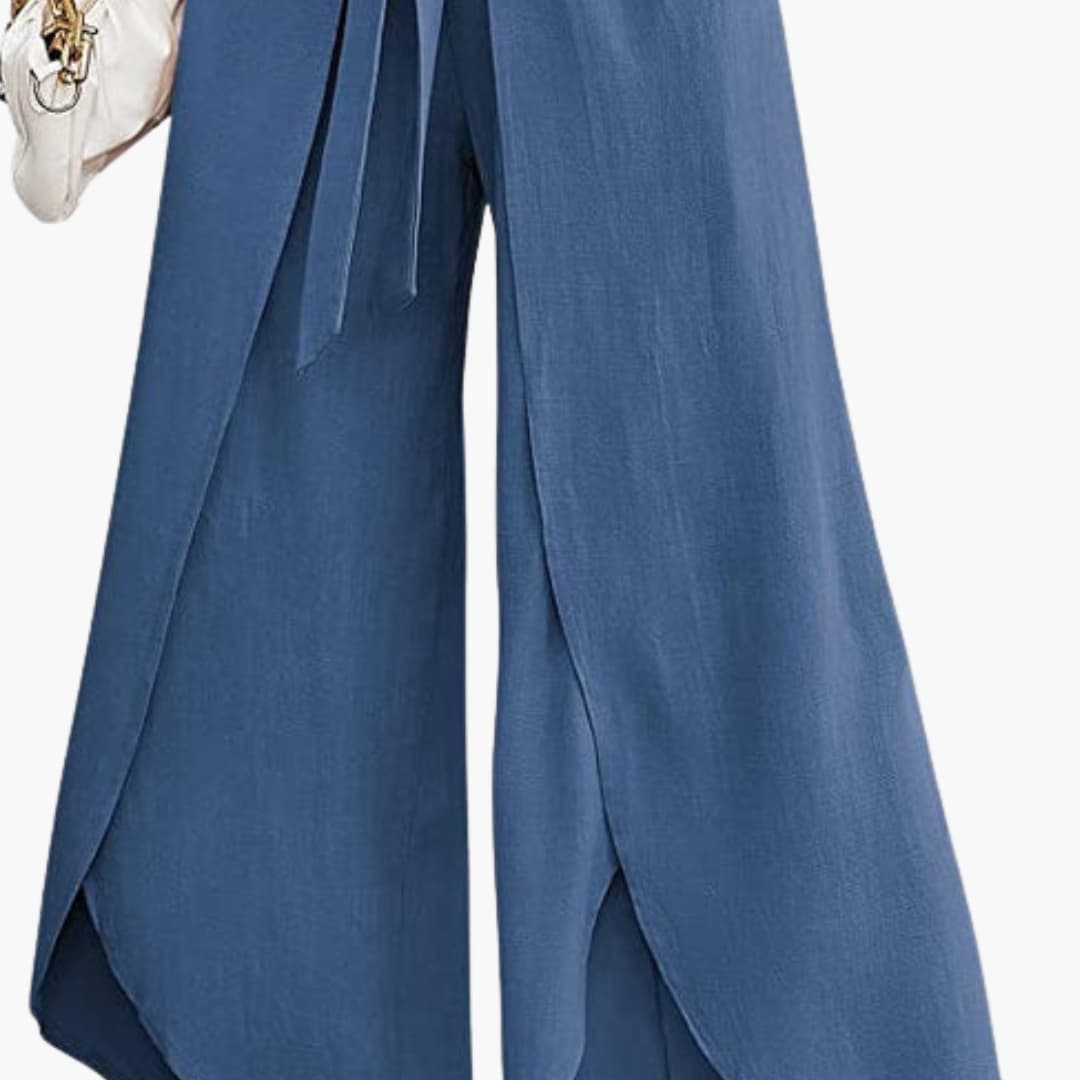 Women's Wide Leg Pants Cotton Tie Belt Beige - VibreMode