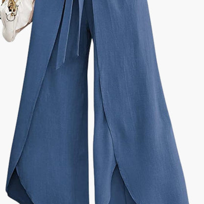 Women's Wide Leg Pants Cotton Tie Belt Beige - VibreMode