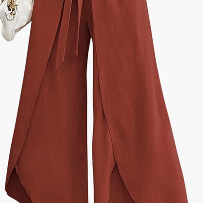Women's Wide Leg Pants Cotton Tie Belt Beige