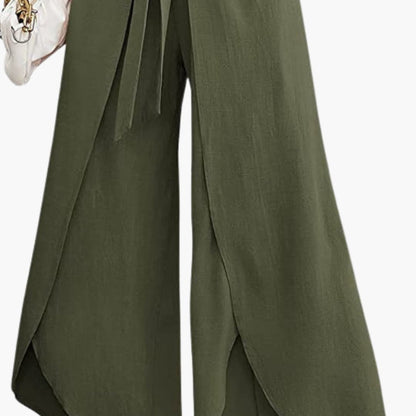 Women's Wide Leg Pants Cotton Tie Belt Beige