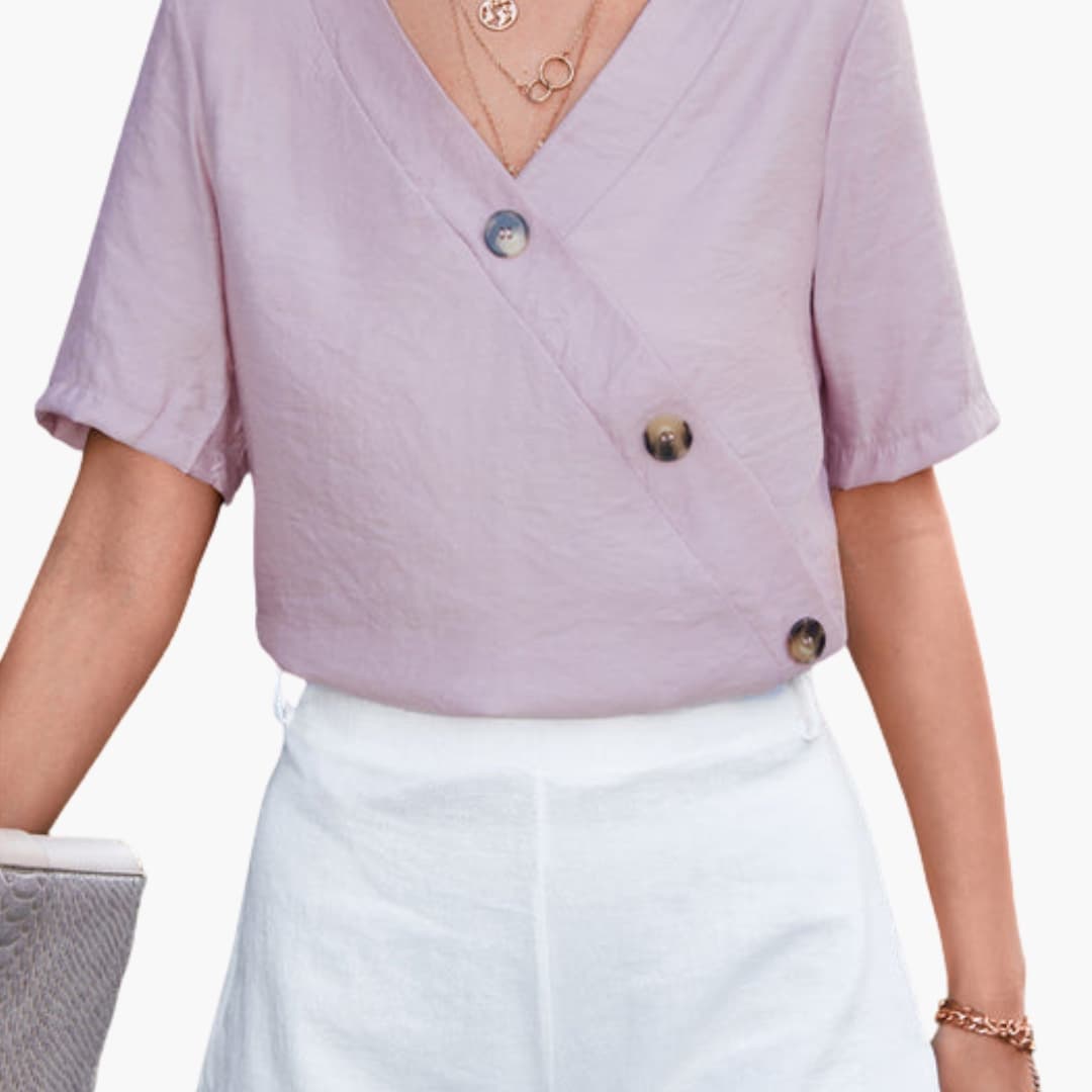 Women's Short Sleeve Wrap Blouse Button Front - VibreMode