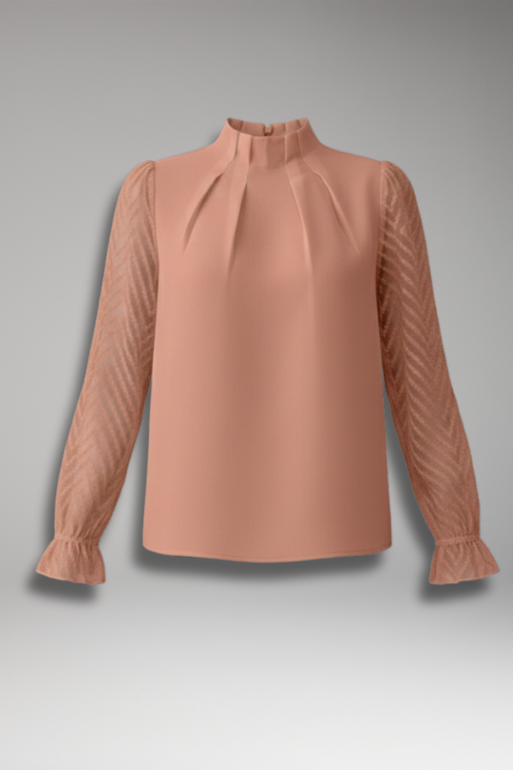 Women's Pleated Collar Blouse Sheer Sleeves - VibreMode