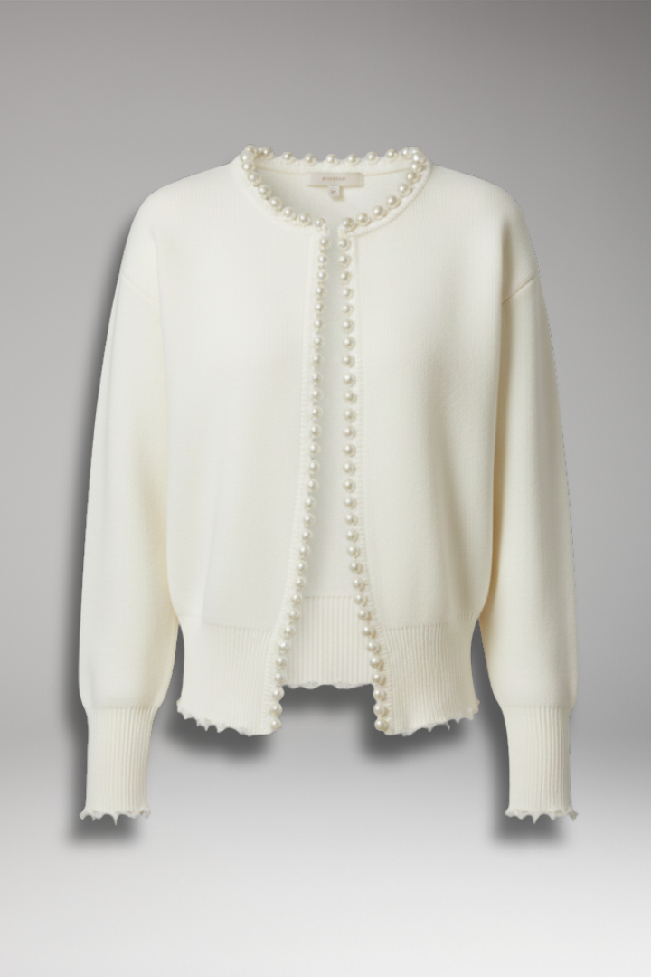 Women Cardigan Pearl Trim Raw Hem - VibreMode