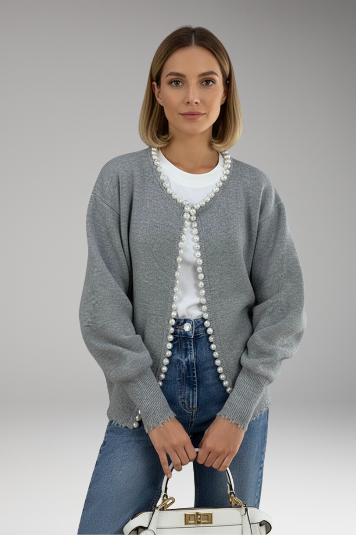 Women Cardigan Pearl Trim Raw Hem