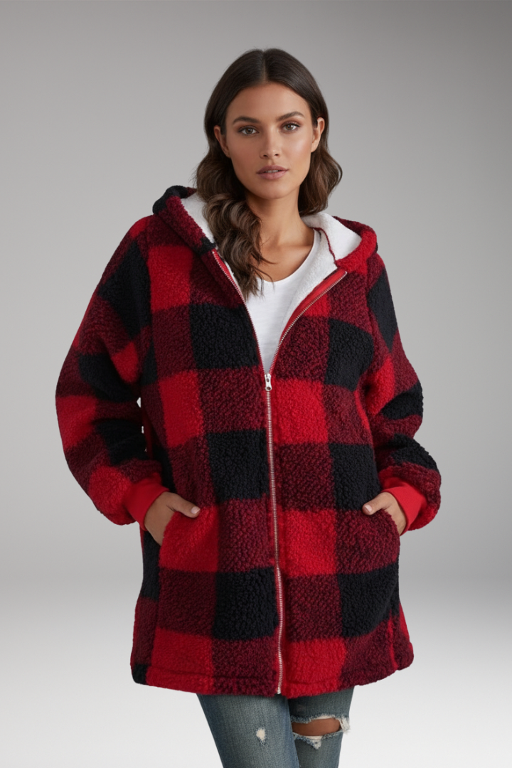 Women's Hooded Zip Coat Check Pattern
