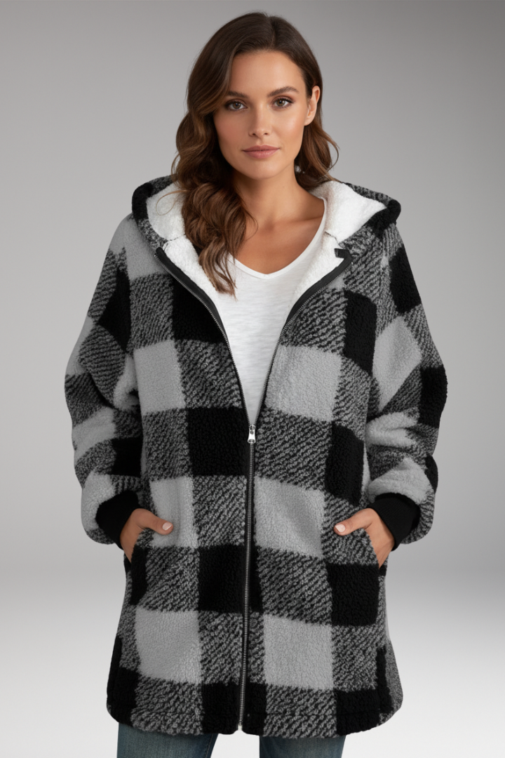 Women's Hooded Zip Coat Check Pattern