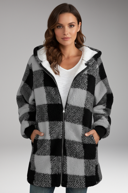 Women's Hooded Zip Coat Check Pattern