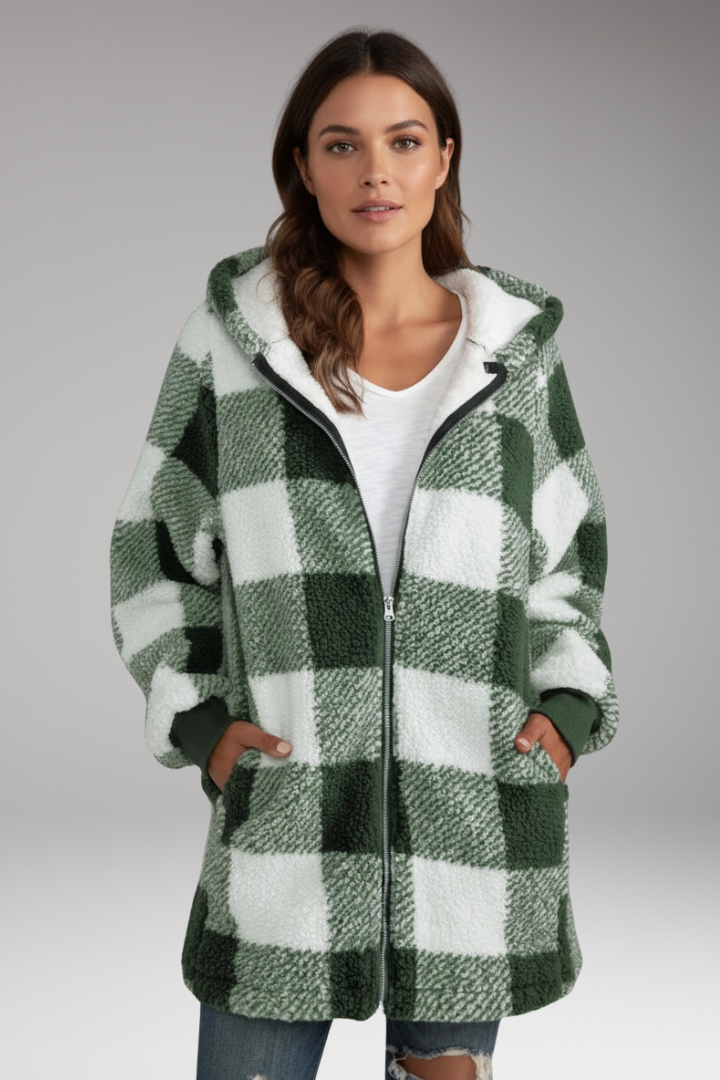 Women's Hooded Zip Coat Check Pattern