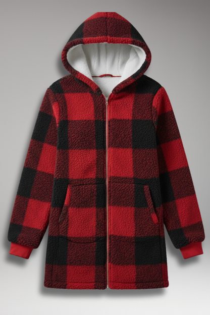 Women's Hooded Zip Coat Check Pattern - VibreMode