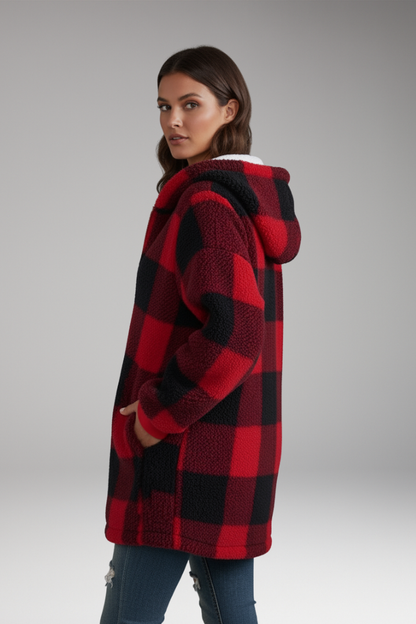 Women's Hooded Zip Coat Check Pattern