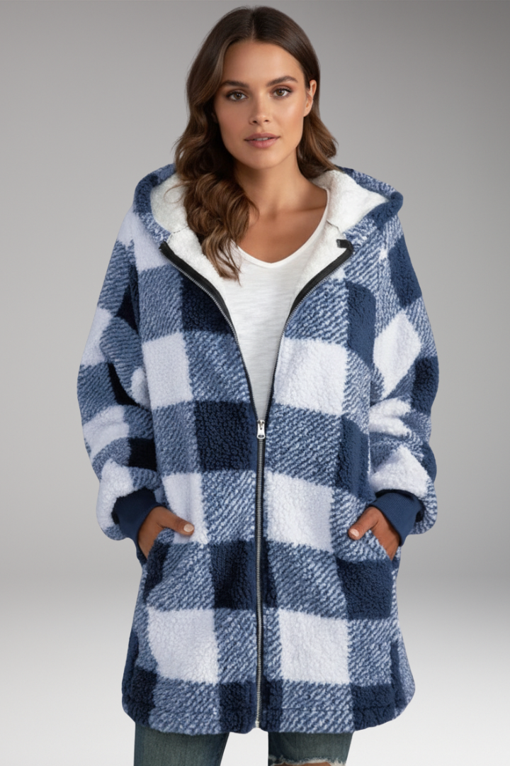 Women's Hooded Zip Coat Check Pattern