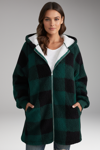 Women's Hooded Zip Coat Check Pattern
