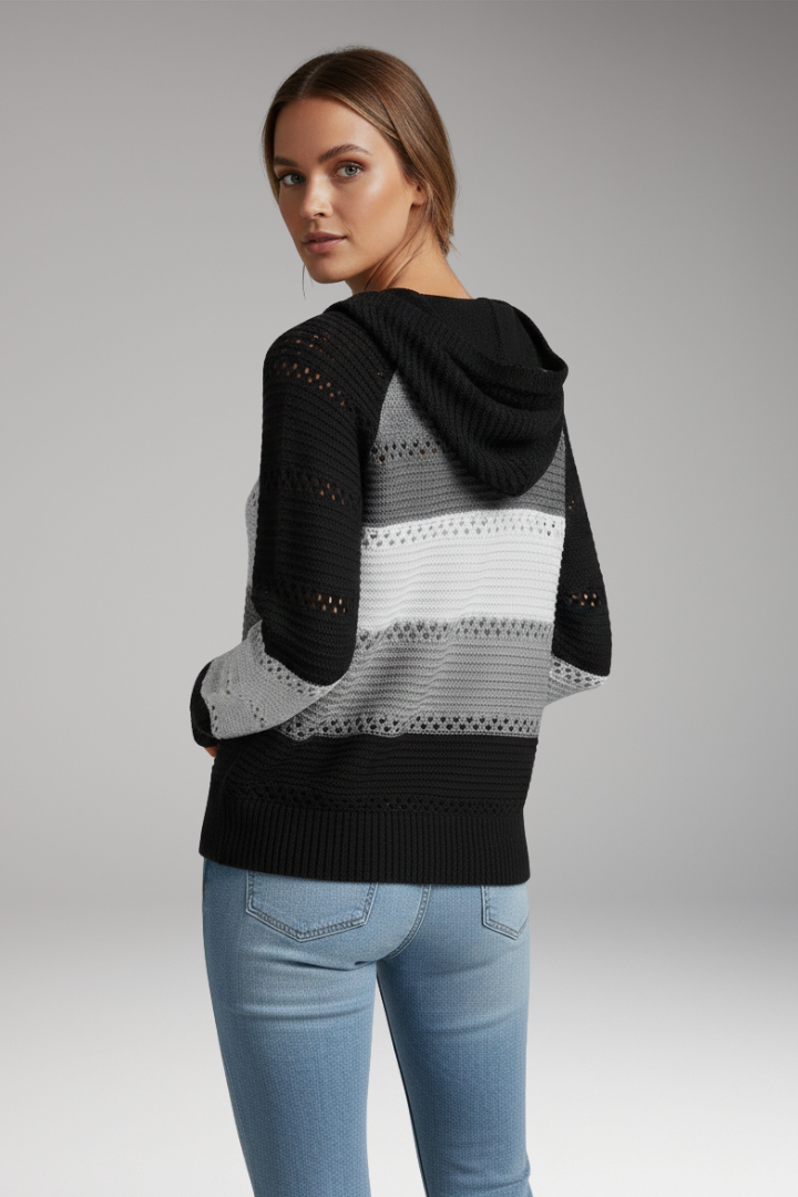 Women's V-Neck Hoodie Ribbed Hem
