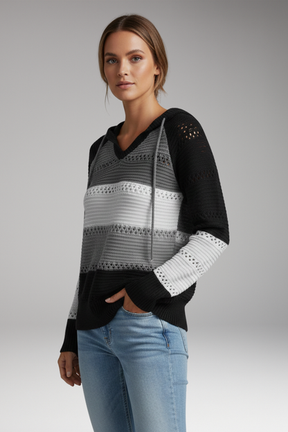 Women's V-Neck Hoodie Ribbed Hem