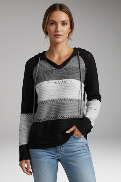 Women's V-Neck Hoodie Ribbed Hem