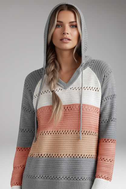Women's V-Neck Hoodie Ribbed Hem