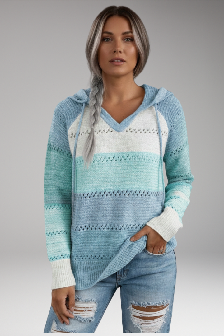 Women's V-Neck Hoodie Ribbed Hem