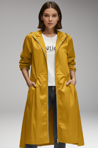 Women's Hooded Long Coat Front Zipper