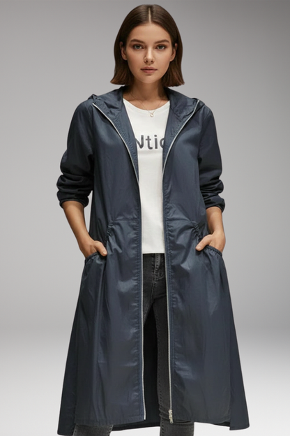 Women's Hooded Long Coat Front Zipper