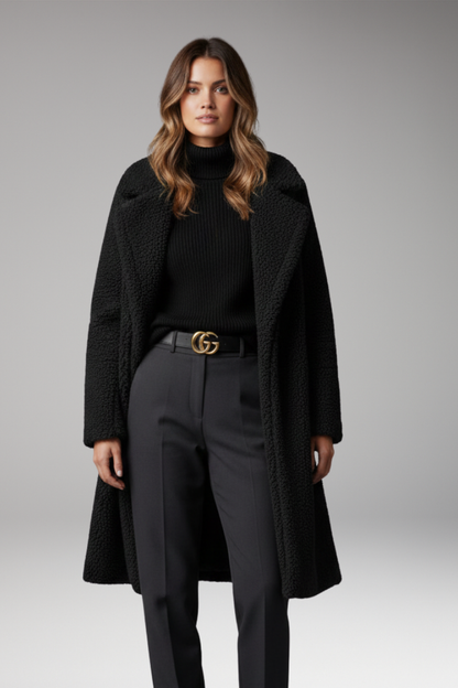 Women's Lapel Collar Long Coat Textured Outer