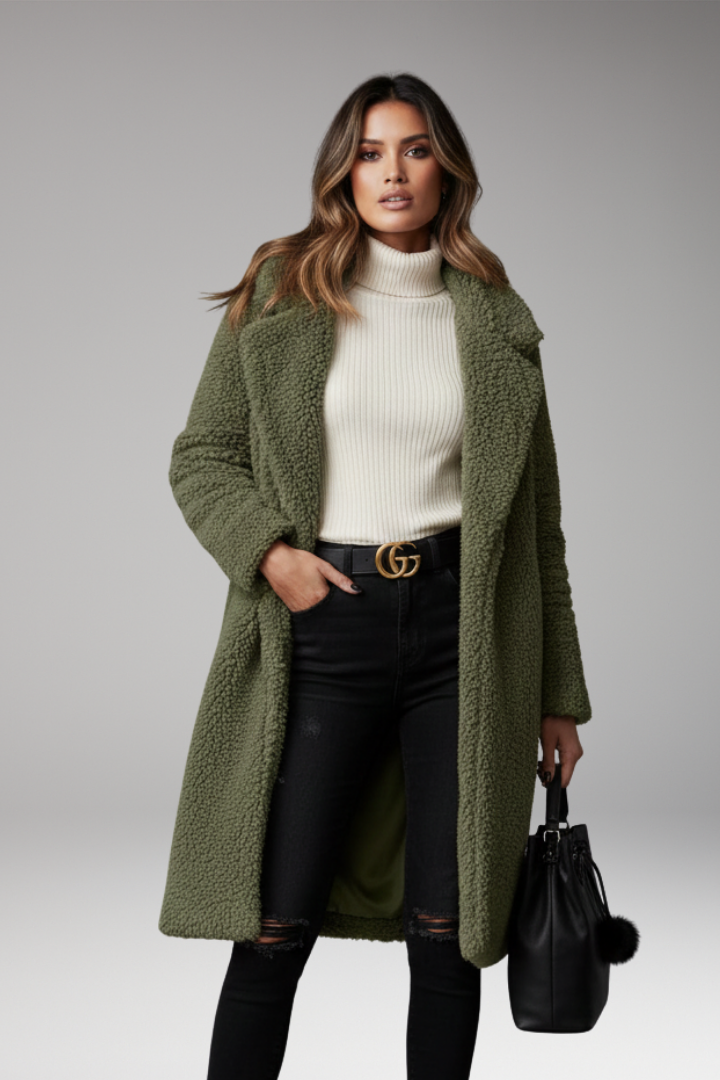 Women's Lapel Collar Long Coat Textured Outer