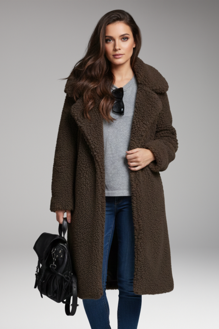 Women's Lapel Collar Long Coat Textured Outer