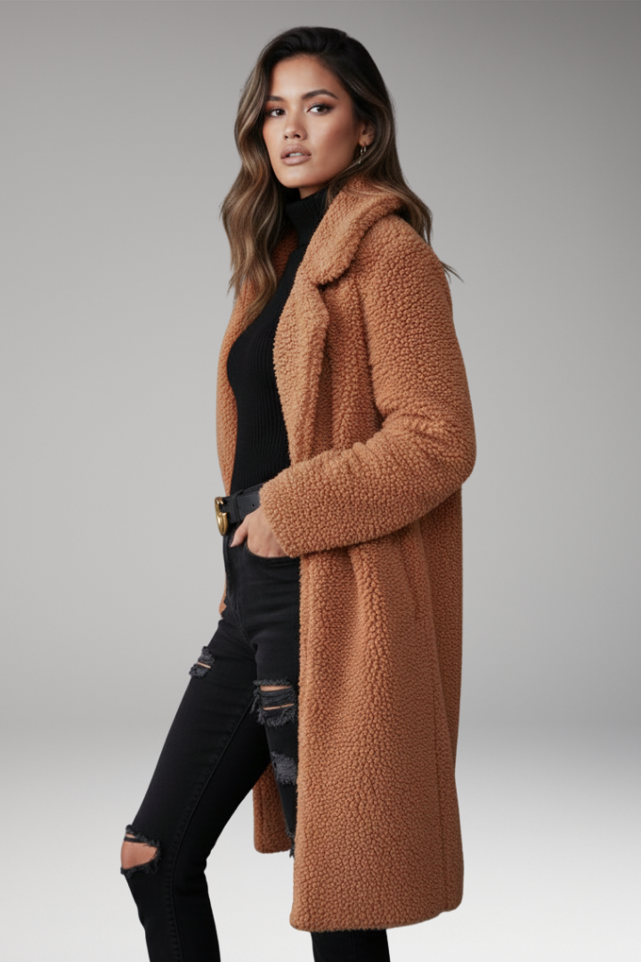 Women's Lapel Collar Long Coat Textured Outer