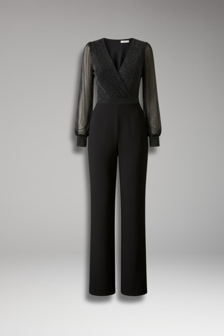 Women's Glitter Jumpsuit Long Sleeve Sheer - VibreMode
