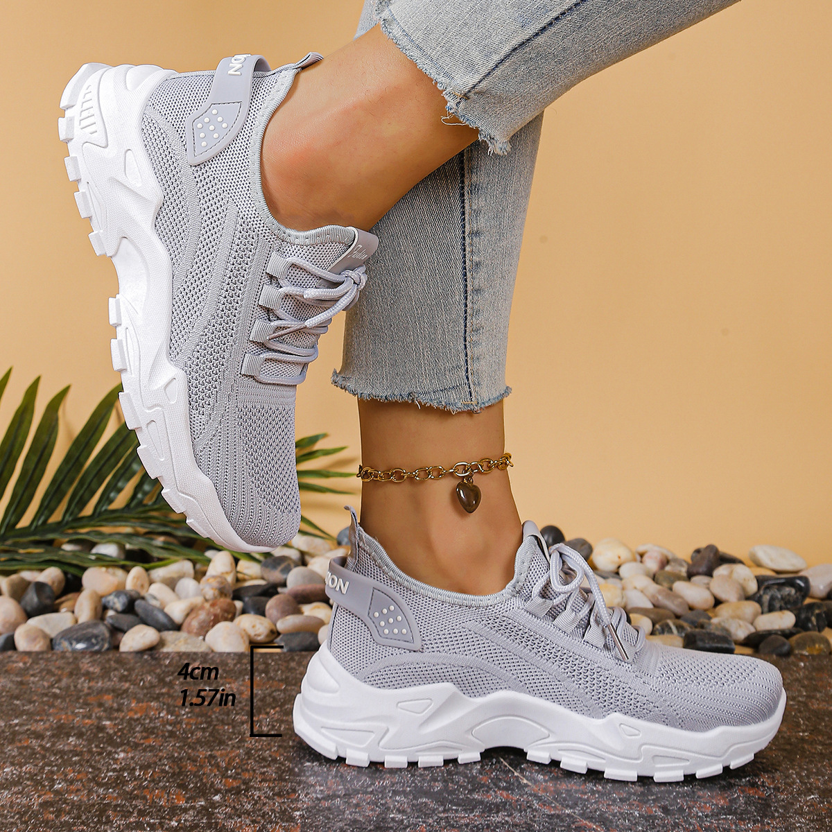 Women's Mesh Lace-Up Walking Sneakers Chunky Sole