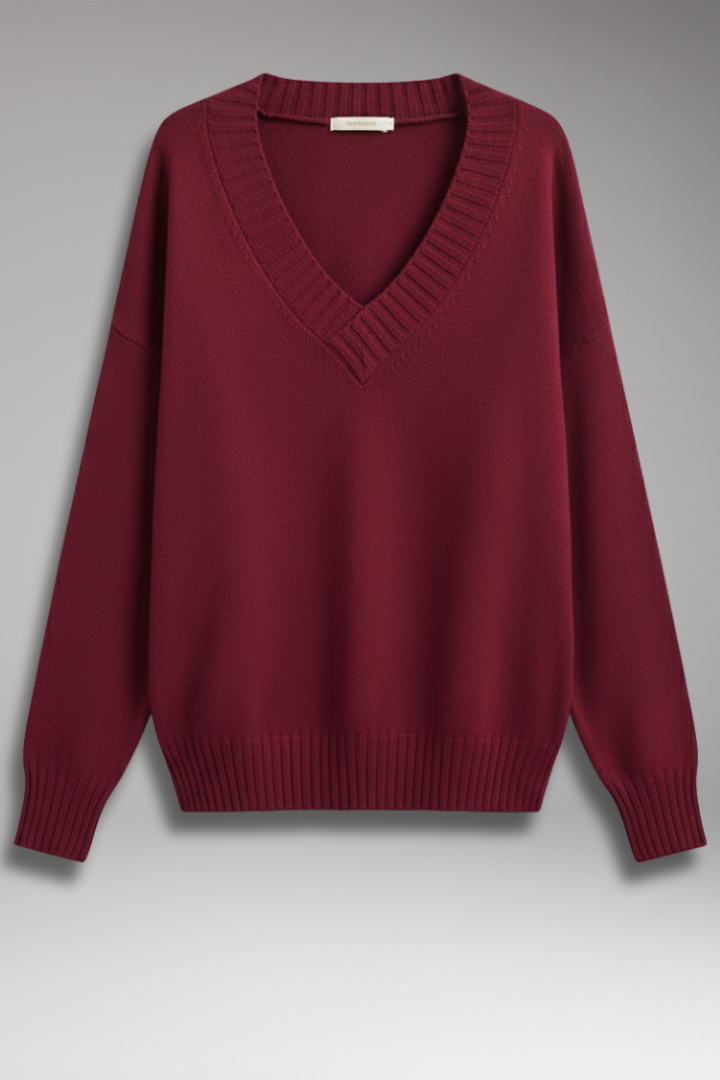 Women's V-Neck Knit Sweater Ribbed Trim - VibreMode