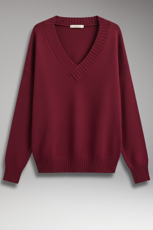 Women's V-Neck Knit Sweater Ribbed Trim - VibreMode