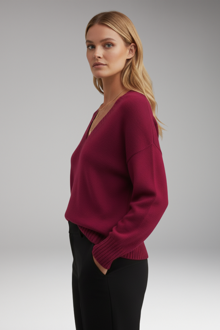 Women's V-Neck Knit Sweater Ribbed Trim