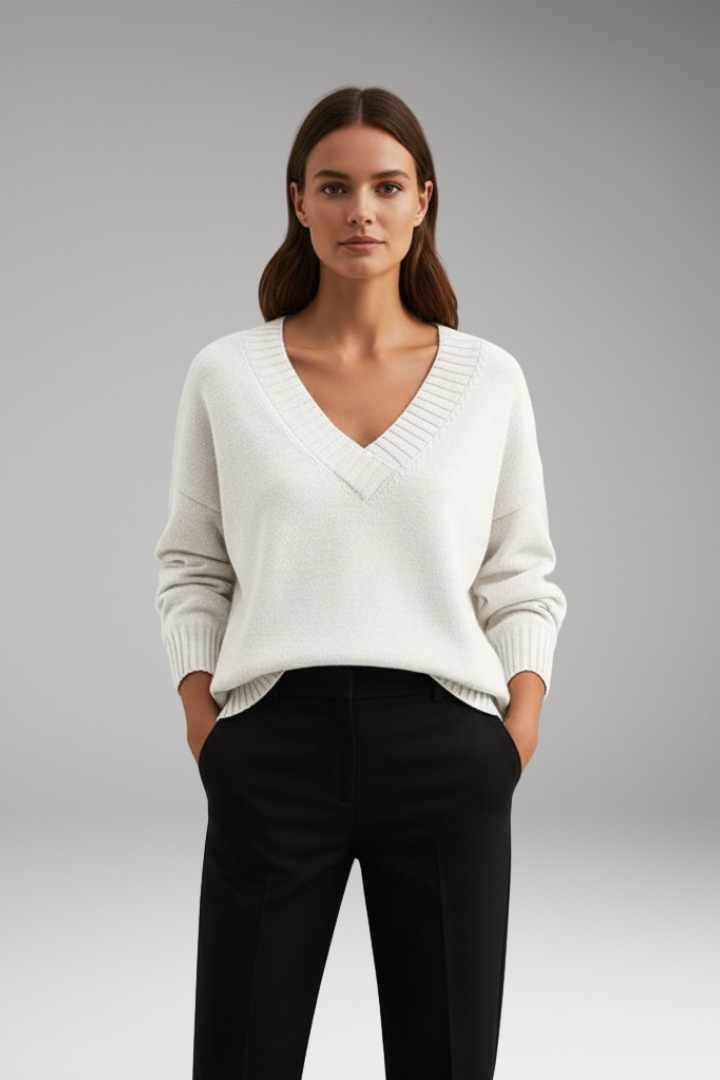 Women's V-Neck Knit Sweater Ribbed Trim