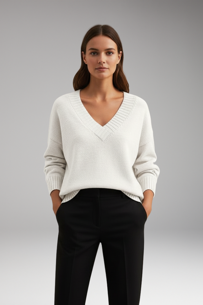 Women's V-Neck Knit Sweater Ribbed Trim